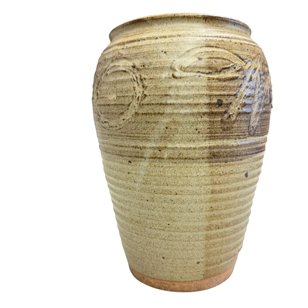 Vintage Studio Pottery Stoneware Vase Hand Carved Ribbed Earth Tones Signed 11in